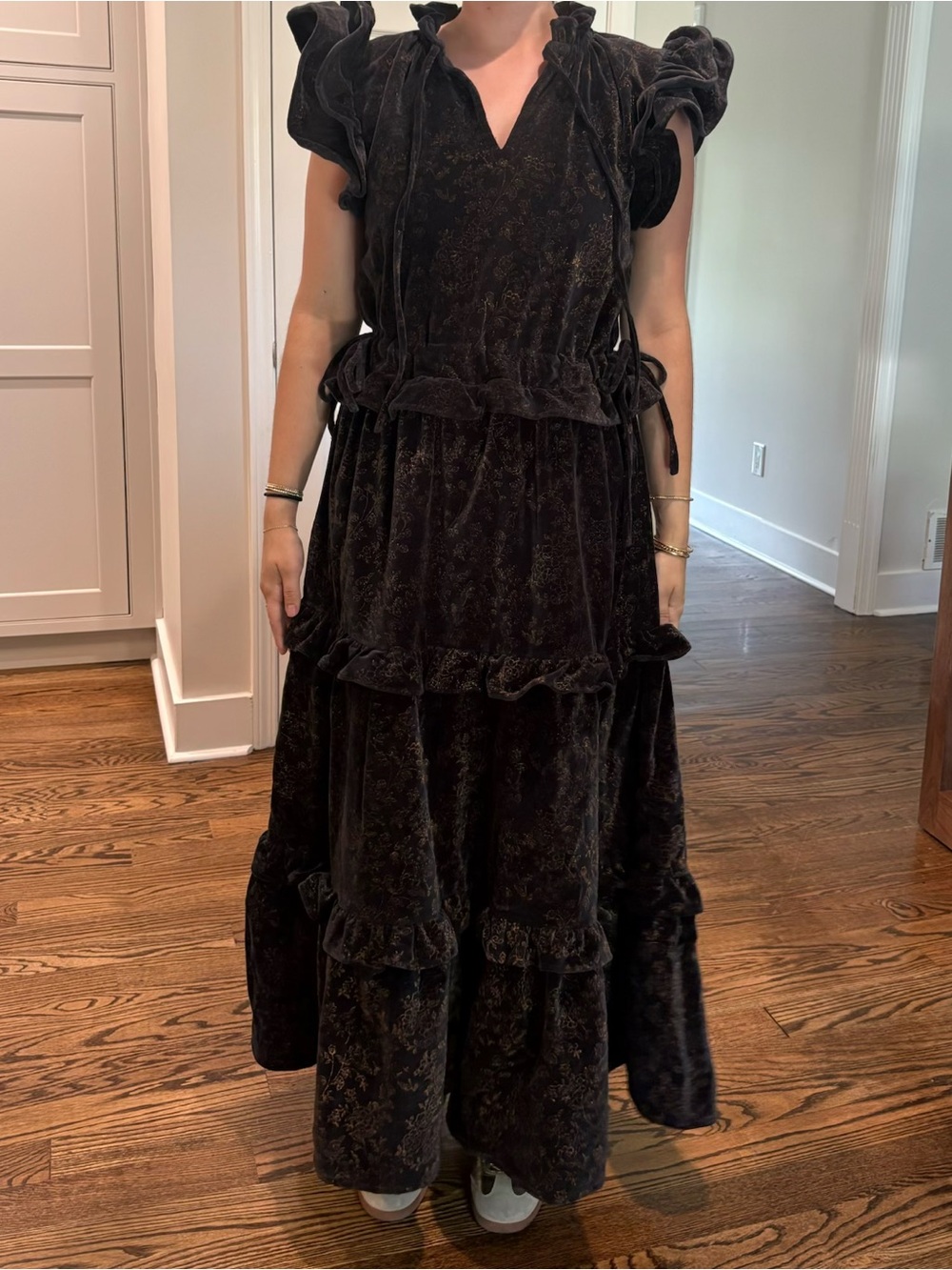Victoria Dunn Black Velvet Ruffle Tiered Maxi Dress